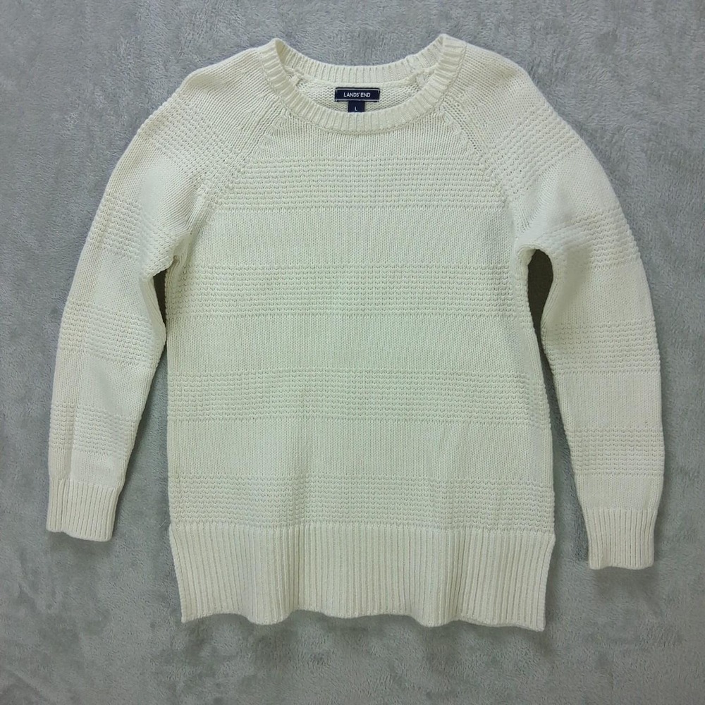 Lands End Mens Knit Sweater Cream Textured Cotton Blend Large